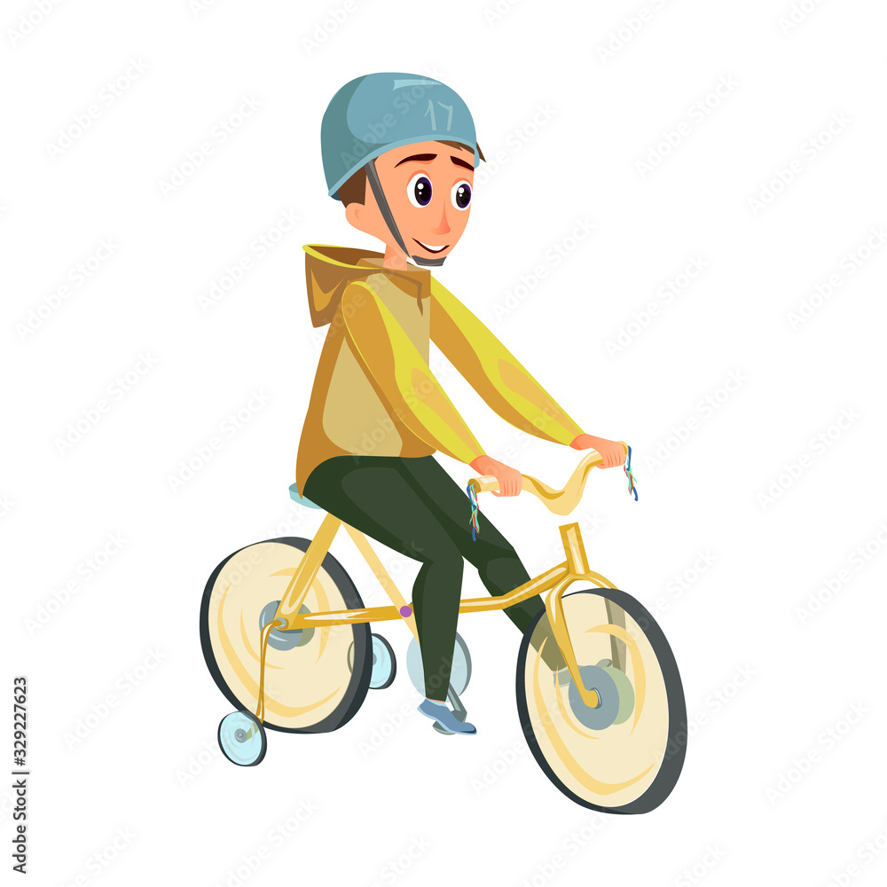 Naklejka premium Cartoon Boy in Helmet Ride Training Wheel Bicycle Vector Illustration. Child Bicyclist. Happy Kid Sitting on Bike. Cycling Safe Learning. Safety Head Protection. Healthy Transportation