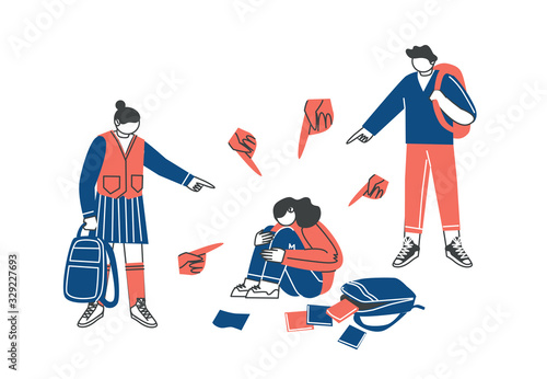 Teenage bullying. A group of negative people suppress sad, weeping children. The concept of discrimination and intimidation of the weak and victims of violence.