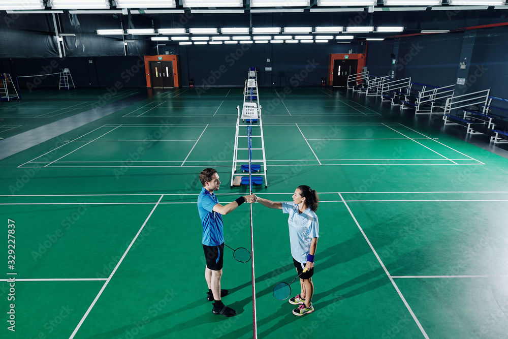 Young male and female badminton players shaking hands after training in gymnasium Young male and female badminton players shaking hands after training in gymnasium