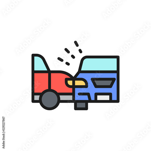 Accident, side collision with two automobiles, car crash flat color line icon.