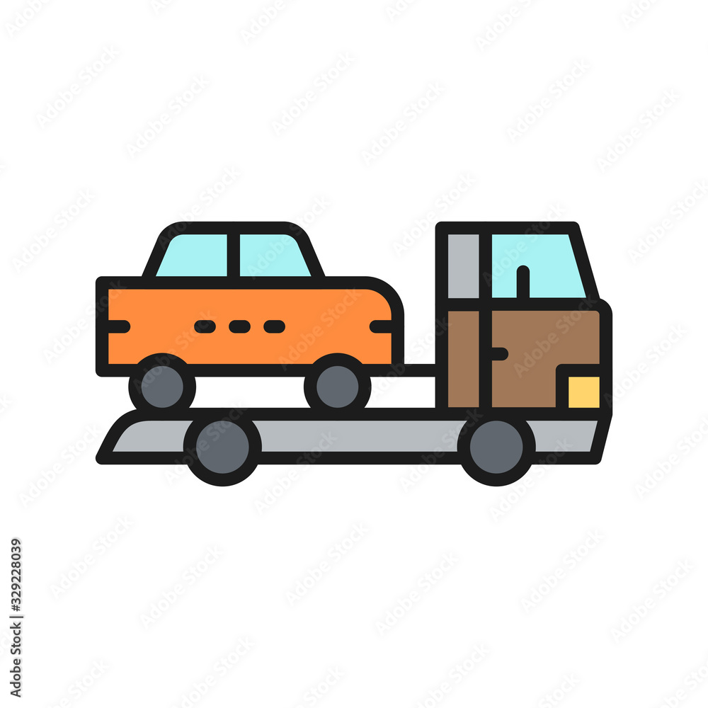Tow truck, car evacuation flat color line icon. Tow truck, car evacuation flat color line icon.