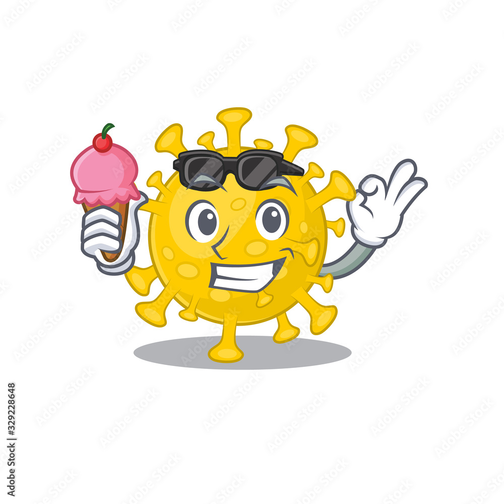 cartoon character of corona virus diagnosis holding an ice cream