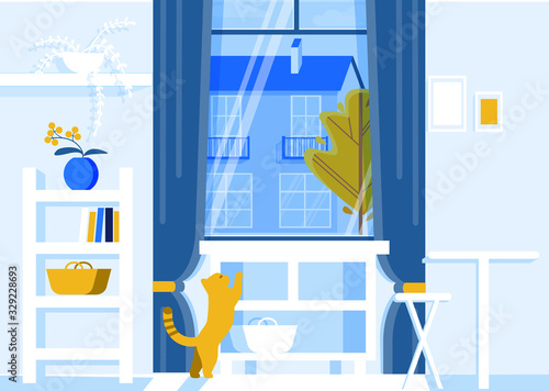 Cat Playing in Living Room Trying to Get to Table Flat Cartoon Vector Illustration. House Interior with Furniture such as Shel with Books, Vase with Flowers, Coffee Table with Chair.