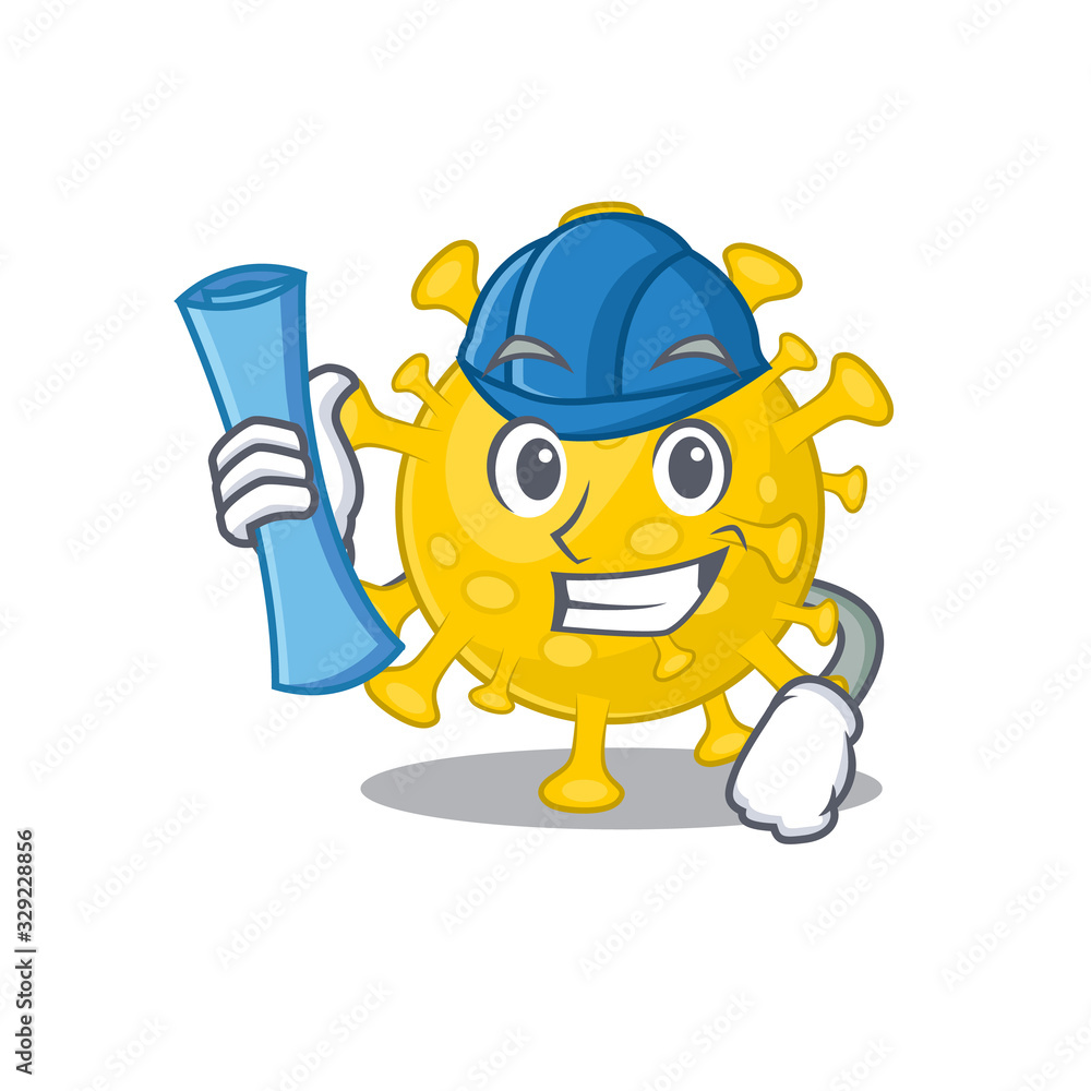 Smiling Architect of corona virus diagnosis having blue prints and blue helmet Smiling Architect of corona virus diagnosis having blue prints and blue helmet