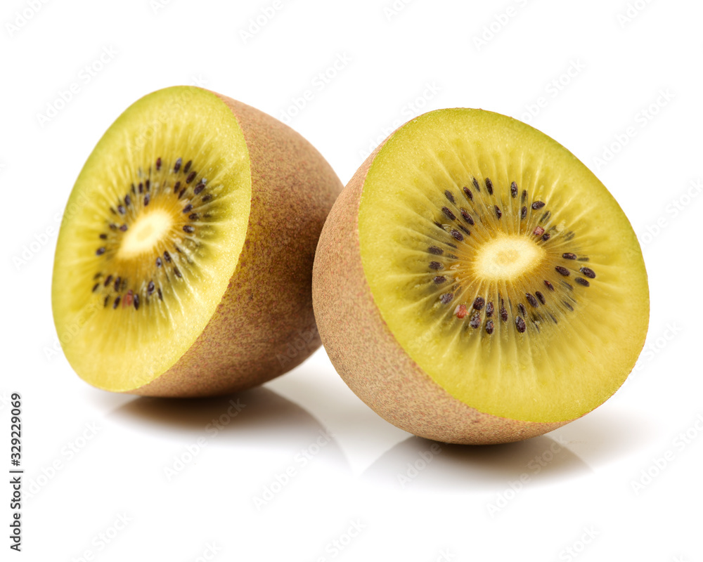 Whole and cut golden kiwifruit/ kiwi (Actinidia chinensis) on white background Whole and cut golden kiwifruit/ kiwi (Actinidia chinensis) on white background