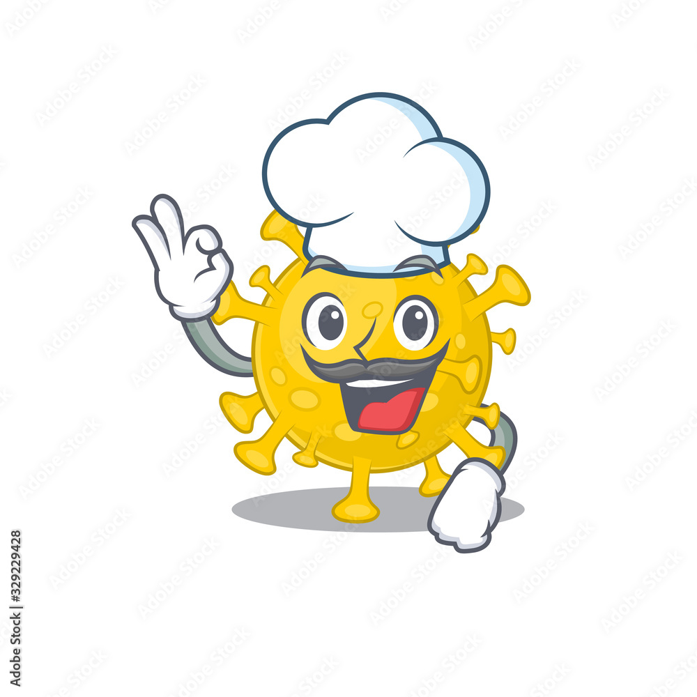 Cute corona virus diagnosis cartoon character wearing white chef hat Cute corona virus diagnosis cartoon character wearing white chef hat