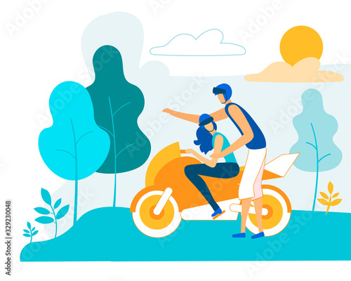 Young Man Teaching Woman to Drive Motorbike  Girl Sitting on Moped  Boyfriend Demonstrating how to Hold Motorcycle Wheel. Outdoors Spare Time  Romantic Relations  Cartoon Flat Vector Illustration