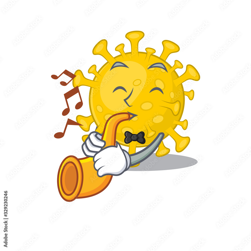 Corona virus diagnosis cartoon character design playing a trumpet Corona virus diagnosis cartoon character design playing a trumpet