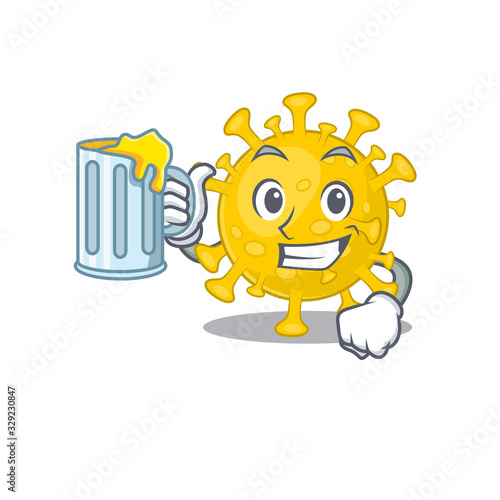 Cheerful corona virus diagnosis mascot design with a glass of beer