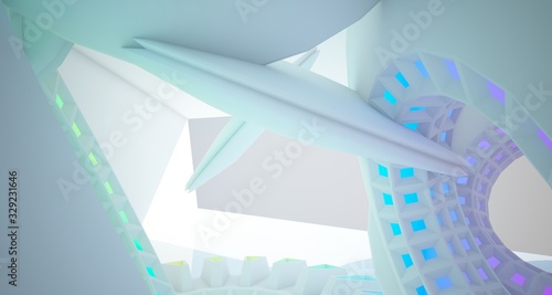 Abstract architectural background  white interior with discs. Colored gradient neon lighting. 3D illustration and rendering.