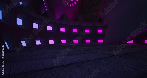 Architectural background. Abstract concrete interior with discs. Colored gradient neon lighting. 3D illustration and rendering.