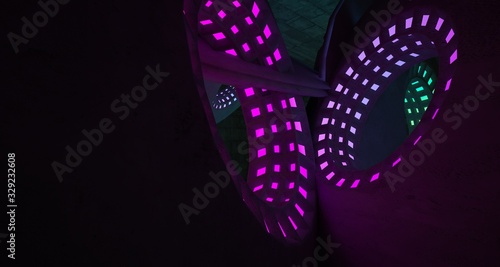 Architectural background. Abstract concrete interior with discs. Colored gradient neon lighting. 3D illustration and rendering.