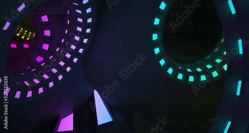 Architectural background. Abstract concrete interior with discs. Colored gradient neon lighting. 3D illustration and rendering.