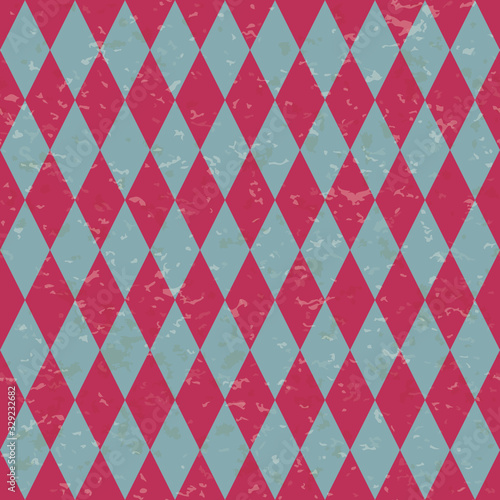 Circus carnival retro vintage dominoes seamless pattern. Red and blue diamond shaped rhombuses. Textured old fashioned retro graphic template. Vector texture background tile. For parties, birthdays