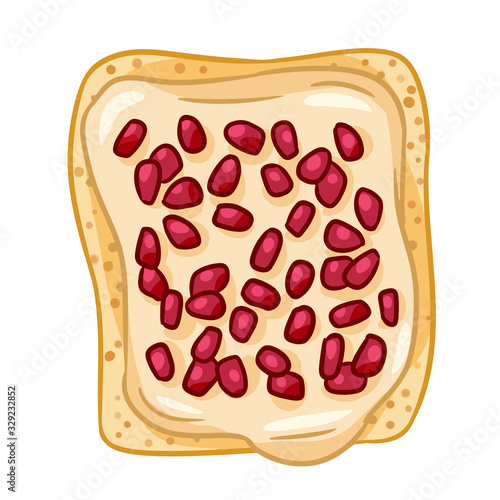 Toast bread isolated icon on white background. Sandwich with icing spread butter and garnet seeds doodle. Breakfast food. Flat style vector illustration. Media highlights glyph symbol