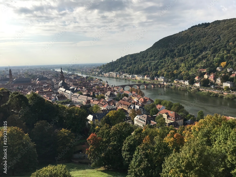 Vista de Heidelberg con el puente y cerros con árboles
