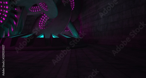 Architectural background. Abstract concrete interior with discs. Colored neon lighting. 3D illustration and rendering.