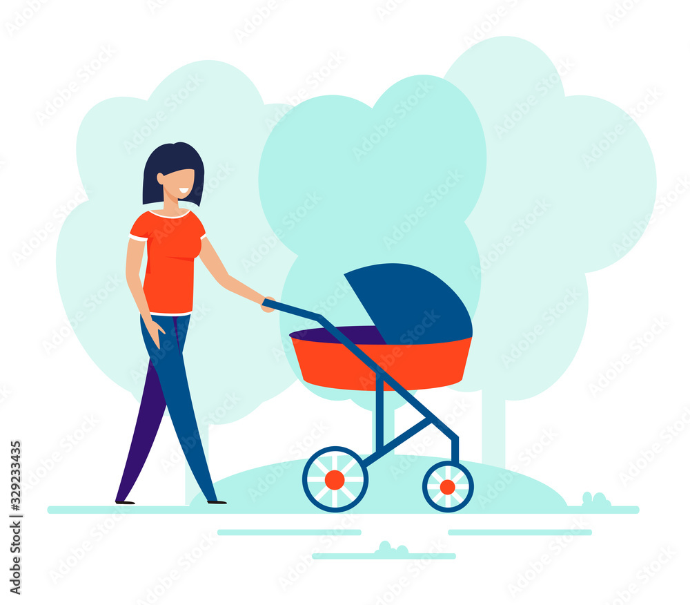 Happy Smiling Woman Walking with Baby in Pram. Young Mother Strolling Newborn in Park. Cartoon Female Character and Infant Kid. Childhood and Motherhood. Childcare and Family. Vector Flat Illustration Happy Smiling Woman Walking with Baby in Pram. Young Mother Strolling Newborn in Park. Cartoon Female Character and Infant Kid. Childhood and Motherhood. Childcare and Family. Vector Flat Illustration