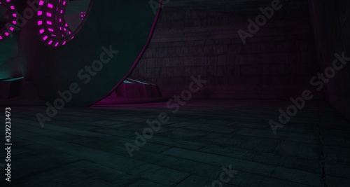 Architectural background. Abstract concrete interior with discs. Colored neon lighting. 3D illustration and rendering.