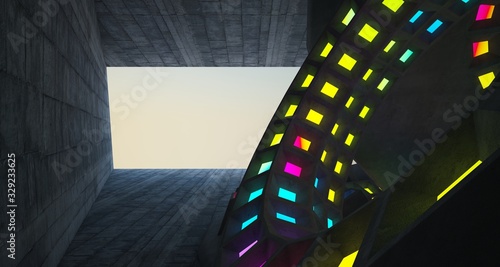 Architectural background. Abstract concrete interior with discs. Colored gradient neon lighting. 3D illustration and rendering.