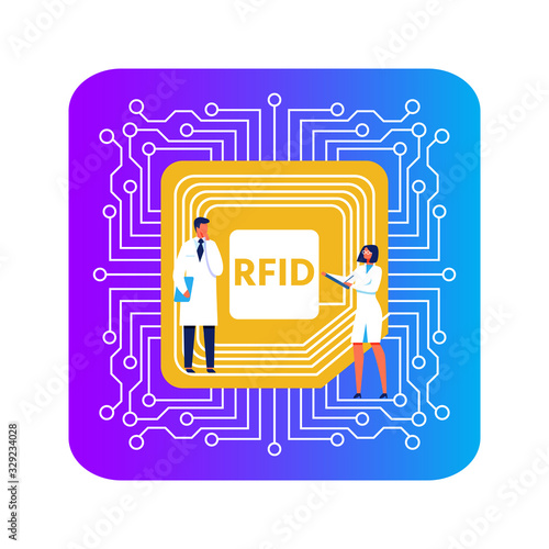 Huge RFID Chip Implant and Scientists Cartoon Characters. NFC Body Device for Human or Pet Health Tracking in People and Veterinary Medicine. Cybernetics and Nanotechnology. Vector Flat Illustration