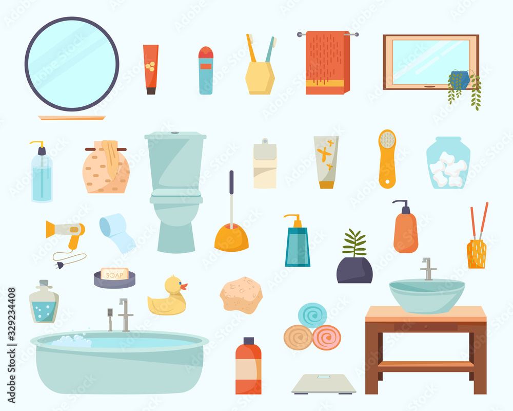 Bathroom elements SET. Vector cartoon bathroom interior furniture and accessories Bathroom elements SET. Vector cartoon bathroom interior furniture and accessories
