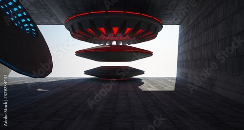 Architectural background. Abstract concrete interior with discs. Colored  neon lighting. 3D illustration and rendering.