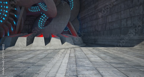 Architectural background. Abstract concrete interior with discs. Colored  neon lighting. 3D illustration and rendering.