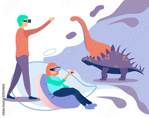 Cartoon Man and Woman Characters Wearing Virtual Reality Headset Glasses Enjoy VR Paleontology Simulation with Dinosaurs Stegosaurus and Sauropods. Augmented Prehistoric Time. Vector Flat Illustration