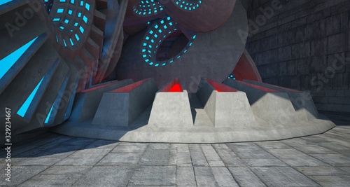 Architectural background. Abstract concrete interior with discs. Colored  neon lighting. 3D illustration and rendering.