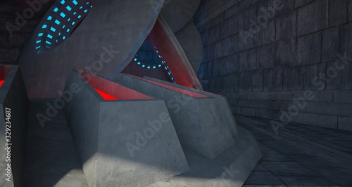 Architectural background. Abstract concrete interior with discs. Colored  neon lighting. 3D illustration and rendering.