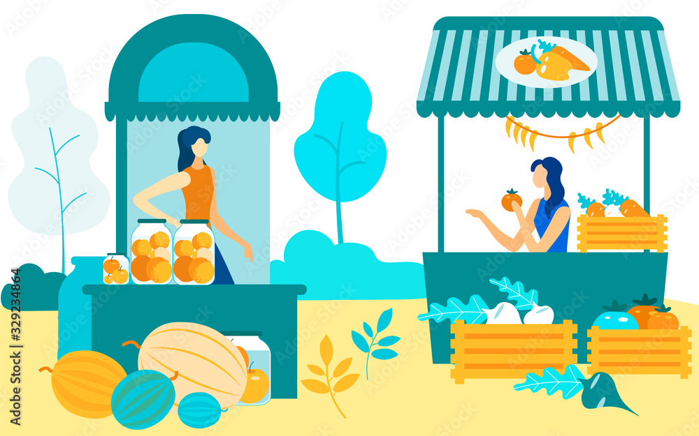 Obraz premium Women at Fair Sitting at Shelves. Sell Crops Farmers Market. Vector Illustration. Natural Products. Farm Vegetables and Fruits. Sell Products in Market. Products on Counter. Women Sellers Communicate.
