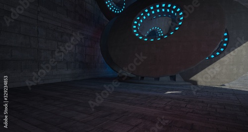 Architectural background. Abstract concrete interior with discs. Colored  neon lighting. 3D illustration and rendering.