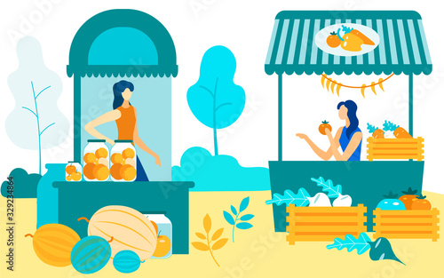 Women at Fair Sitting at Shelves. Sell Crops Farmers Market. Vector Illustration. Natural Products. Farm Vegetables and Fruits. Sell Products in Market. Products on Counter. Women Sellers Communicate.