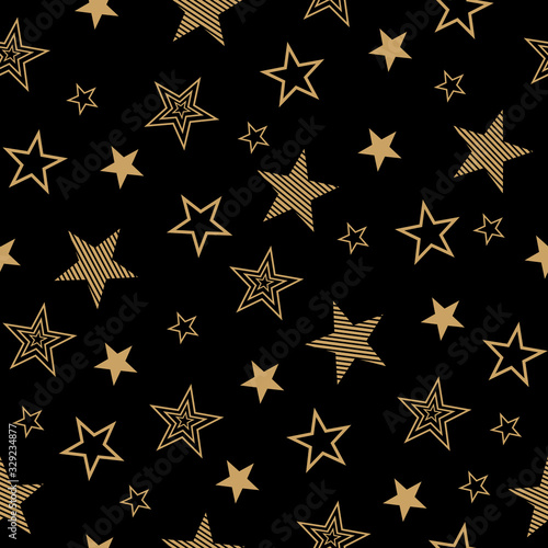 Seamless pattern with set drawn stars. Vector Wallpaper gold stars on a black background.