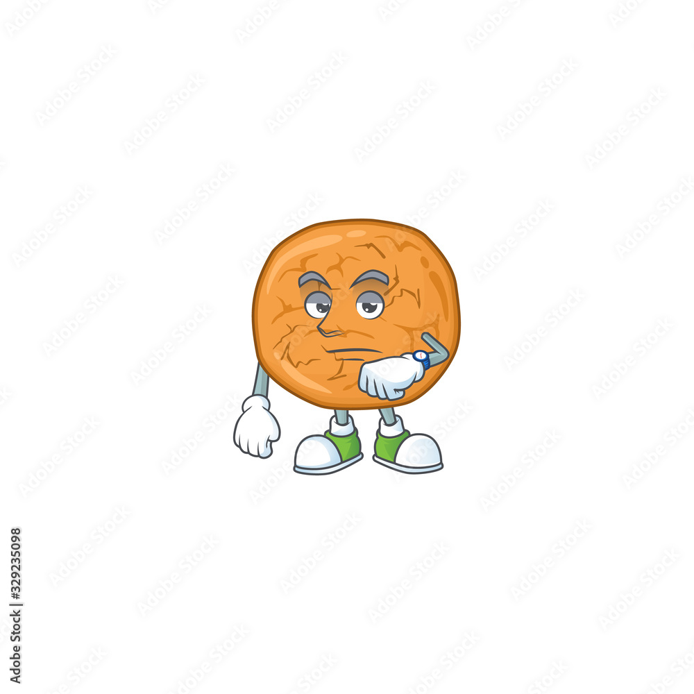 A cartoon icon of molasses cookies with waiting gesture A cartoon icon of molasses cookies with waiting gesture