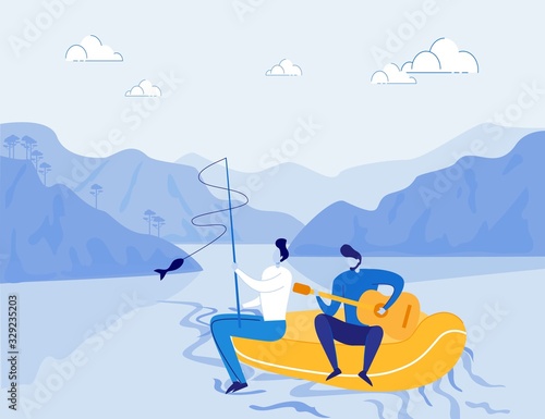 Tourists, Men Cartoon Characters floating by River at Inflating Boat, Playing Guitar and Fishing. Tourism and Traveling, Water Sports Activity. Summer Vacation on Nature Flat Vector Illustration.