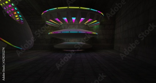 Architectural background. Abstract concrete interior with discs. Colored gradient neon lighting. 3D illustration and rendering.