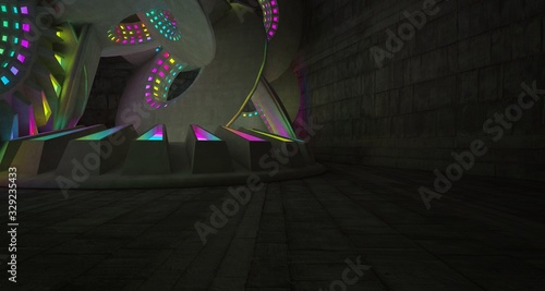 Architectural background. Abstract concrete interior with discs. Colored gradient neon lighting. 3D illustration and rendering.