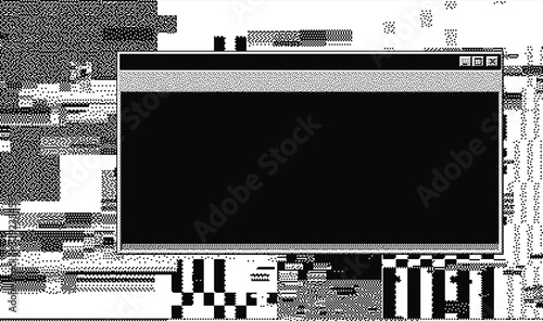 Glitched screen with terminal console window. Pixel art 1-bit style.