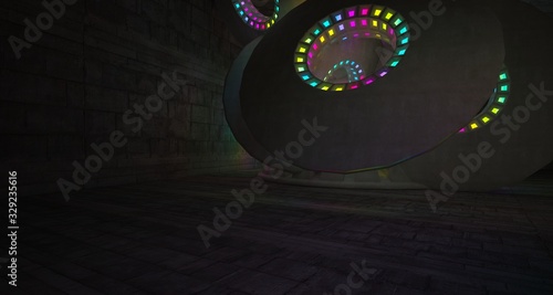 Architectural background. Abstract concrete interior with discs. Colored gradient neon lighting. 3D illustration and rendering.