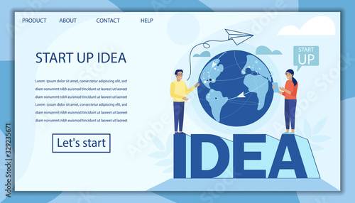 Landing Page Offering Startup Idea Development. Global Communication and Link. Worldwide Social Networking and Connection. Vector Flat Illustration with Man and Woman Presents New Possibilities