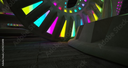 Architectural background. Abstract concrete interior with discs. Colored gradient neon lighting. 3D illustration and rendering.