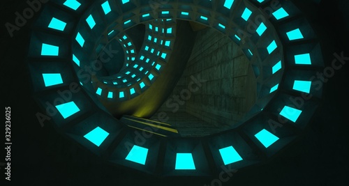 Architectural background. Abstract concrete interior with discs. Colored neon lighting. 3D illustration and rendering.