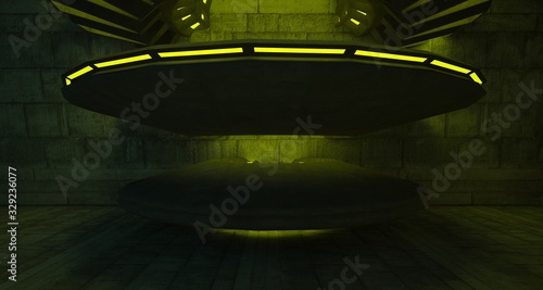 Architectural background. Abstract concrete interior with discs. Colored neon lighting. 3D illustration and rendering.