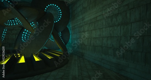Architectural background. Abstract concrete interior with discs. Colored neon lighting. 3D illustration and rendering.