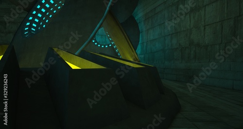Architectural background. Abstract concrete interior with discs. Colored neon lighting. 3D illustration and rendering.