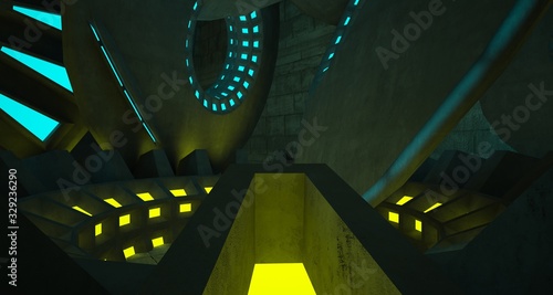 Architectural background. Abstract concrete interior with discs. Colored neon lighting. 3D illustration and rendering.