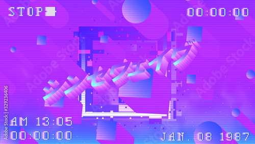 Retrofuturistic landscape with floating 3D neon shapes in zero gravity. Japanese text translates as "Synthwave". Abstract illustration in retrowave and vaporwave style.