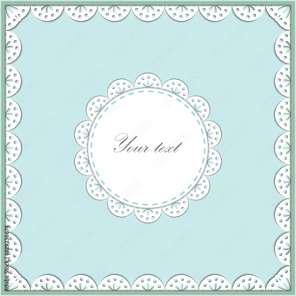 Greeting card with a celebration with a round and square openwork paper frame on the edge, in the center with a place for text, scrapbook style, laser cut, vector Greeting card with a celebration with a round and square openwork paper frame on the edge, in the center with a place for text, scrapbook style, laser cut, vector